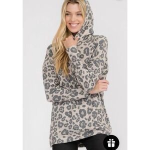 BIBI Hoodie Medium Washed Leopard Print Soft Jacket PullOver Pink Grey